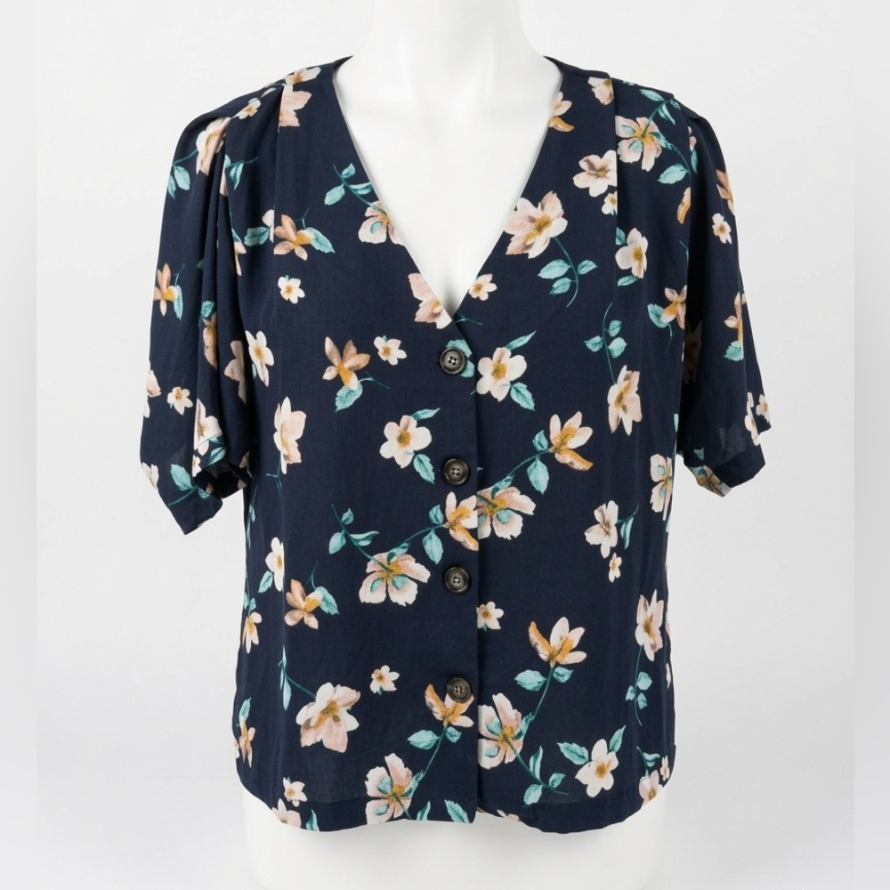 Elodie Navy Floral Button-Up French Bell Flutter Sleeve Boho Blouse V Neck
